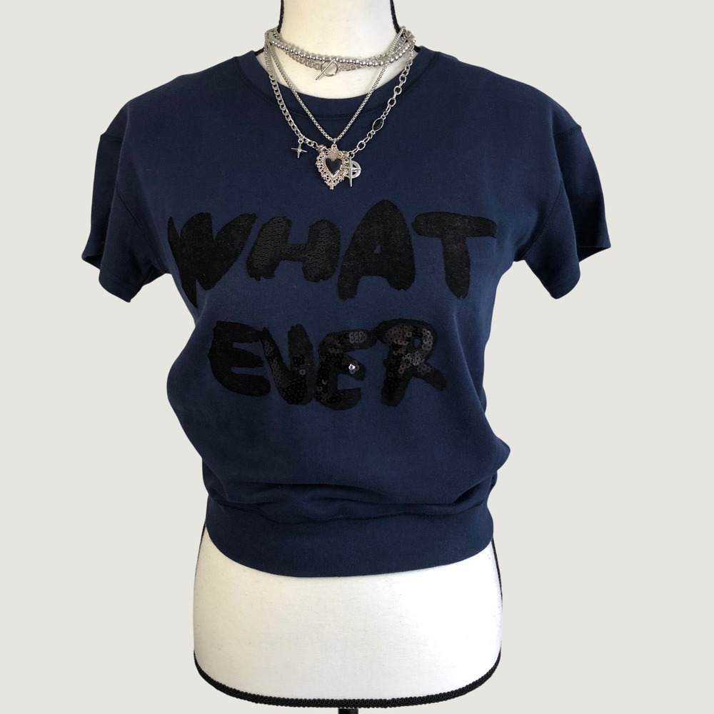 DouDou Japan Sequin Whatever Navy Short Sleeve Sweatshirt Top One Size S/M